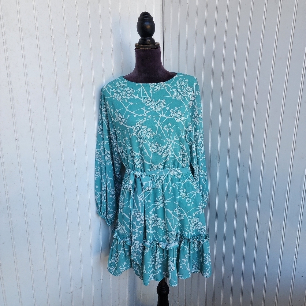 Flying Tomato Teal Green Long Balloon Sleeves White Floral Midi Dress Size S